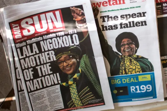 First pages of South African newspapers are pictured the day after the death of South African anti-apartheid campaigner Winnie Madikizela-Mandela, in Johannesburg on April 3, 2018