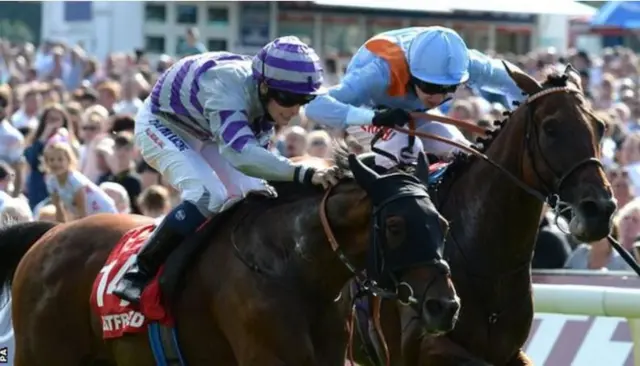 Nakeeta on the left winning last year's Ebor Handicap