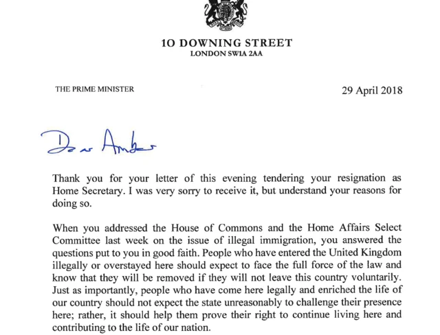 Theresa May's reply to Amber Rudd's resignation letter