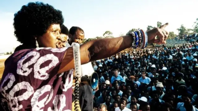 Winnie Mandela addresses a crowd