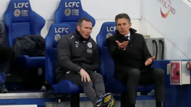 Leicester City manager Claude Puel talks to assistant manager Michael Appleton