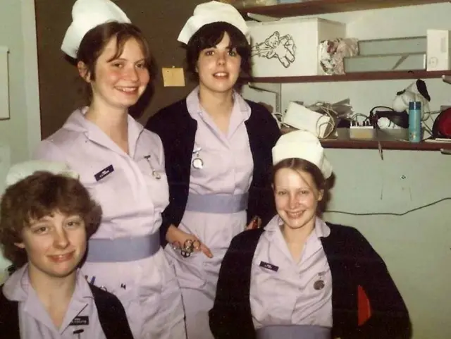 Bernadette Stratton (far right) as a nursing student at Guy's Hospital in 1982