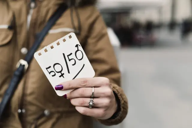 Woman holding 'gender pay gap' cards