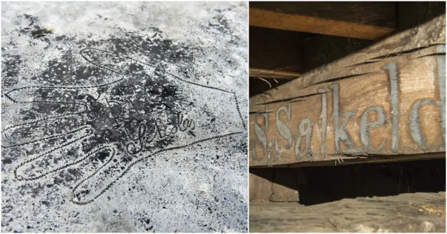 Handprints and engravings left in roof