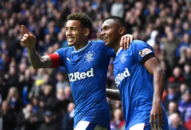 Captain James Tavernier celebrates Rangers' second goal scored by Alfiredo Morelos (right)