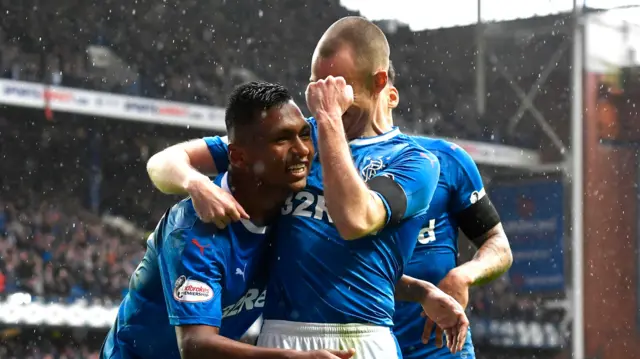 Rangers' Alfredo Morelos and Kenny Miller celebrate