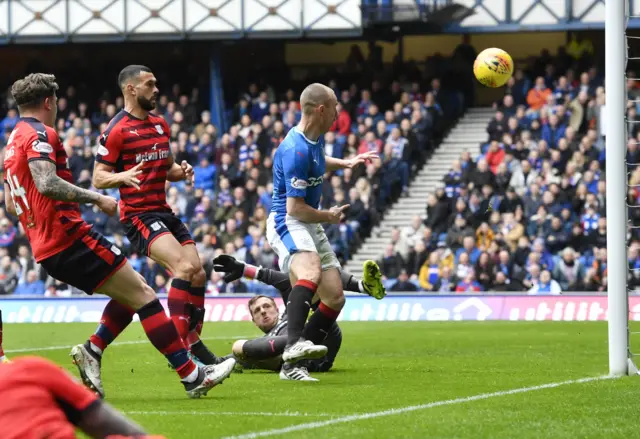 Rangers striker Kenny Miller watches his header come back off a post