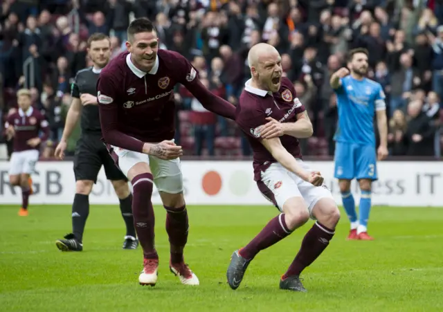 Kyle Lafferty helps Steven Naismith celebrate scoring Hearts' opening goal