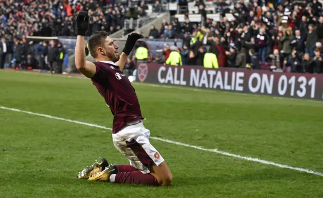 David Milinkovic celebrates scoring for Hearts against Celtic