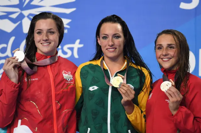 Mollie Renshaw, Tatjana Schoenmaker and Chloe Tutton with their 200m breakstroke medals