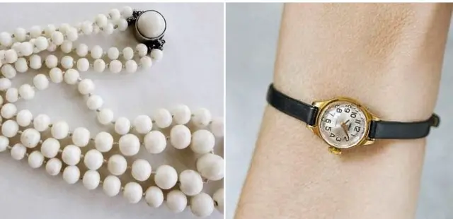 A white coral necklace and gold cocktail watch