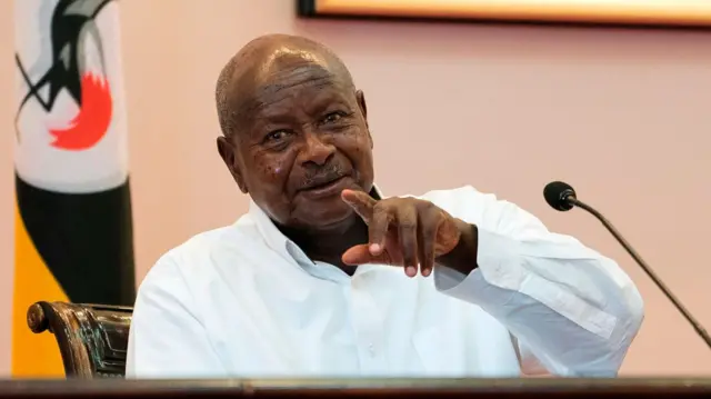 Ugandan President Yoweri Museveni reacts during a press conference with his Rwandan counterpart at the State House in Entebbbe, Uganda, on March 25, 2018