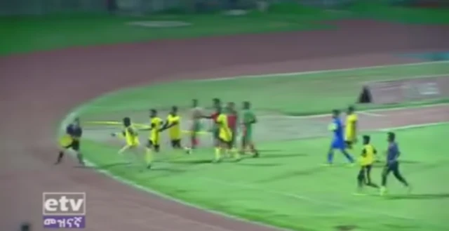 Players from Welwalo Adigrat chase the referee off the pitch