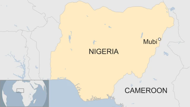 A map showing the location of Mubi town in northern Nigeria in relation to Cameroon