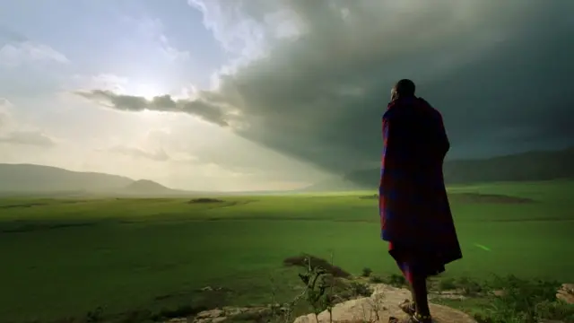 Maasai cattle herder, Parapakuni, surveying the grasslands of the Serengeti plains in Tanzania.