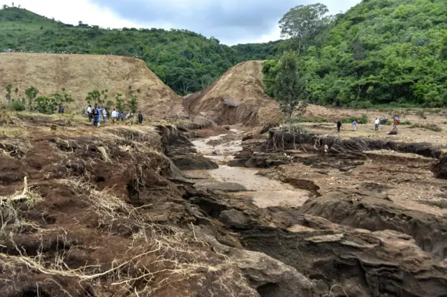 The burst bank of the private Patel dam, used for irrigation and fish farming is seen in Solai, about 40km north of Nakuru, Kenya