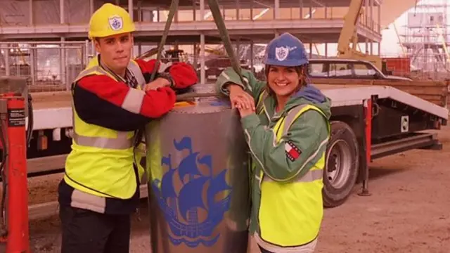 Blue Peter presenters with the capsule