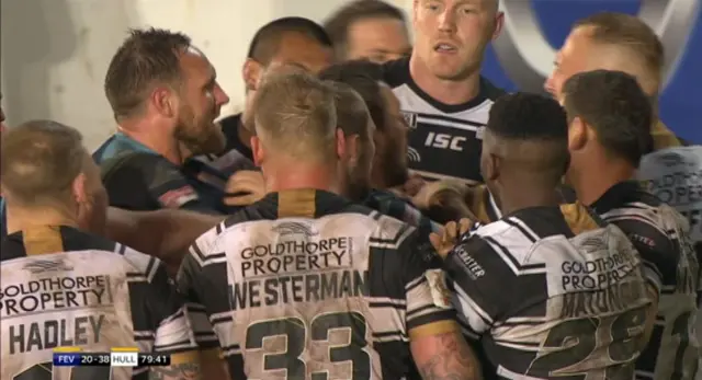 Rugby League Challenge Cup holders Hull FC arguing with Featherstone players on the pitch last night.