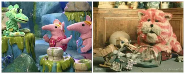 The Clangers talking to the Soup Dragon and Bagpuss with Professor Yaffle and the mice.