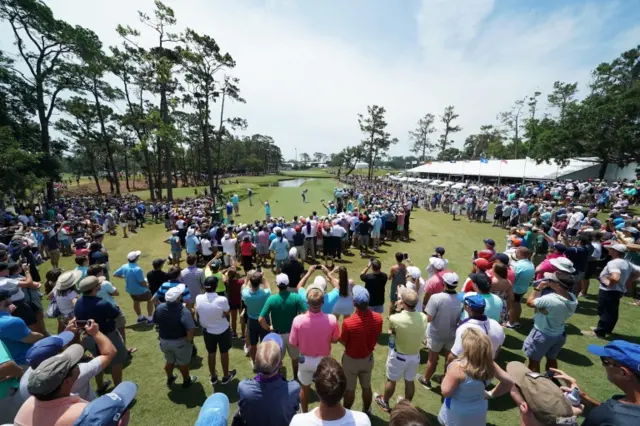 Tiger Woods teeing off on the 16th