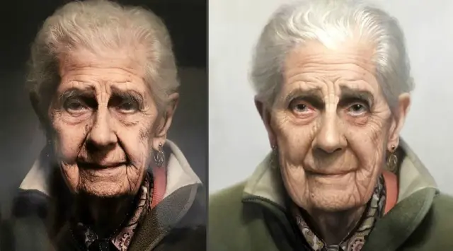 Photo of elderly woman next to portrait painting of her