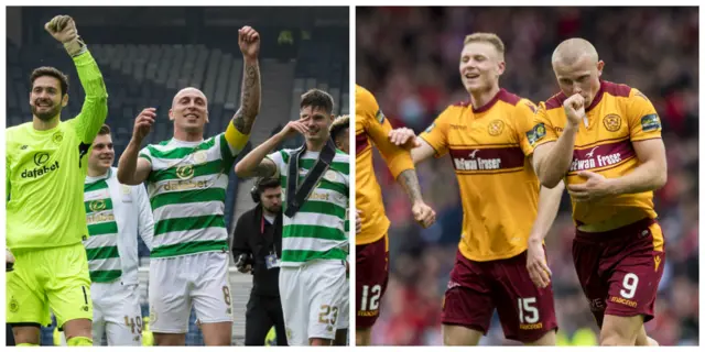 Celtic and Motherwell players celebrating their respective Scottish Cup semi-final victories