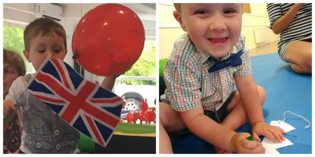 Toddlers with balloon and union jack