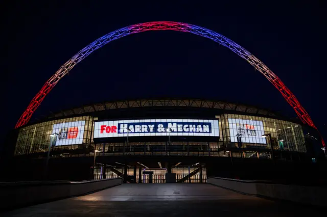 Wembley Stadium illuminated with best wishes for Harry and Meghan