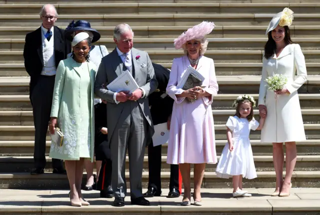 Doria Ragland, the Prince of Wales, the Duchess of Cornwall, Princess Charlotte and the Duchess of Cambridge