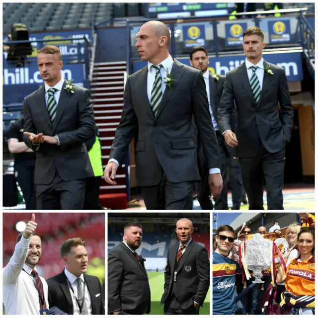 Clockwise from top: Celtic players, Motherwell fans, Curtis Main and Alan Burrows; Kris Commons and James McFadden