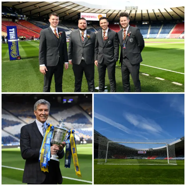 Clockwise from top: Motherwell's media team (L-R): Grant Russell, Alan Burrows (Chief Executive), Louis Irons and Alastair Reilly; Hampden and legendary boxing announcer Michael Buffer