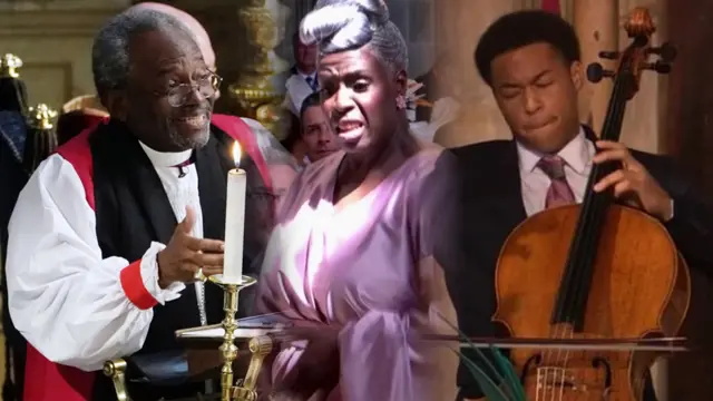 The Most Rev Bishop Michael Curry, choir conductor Karen Gibson and cellist Sheku Kanneh-Mason