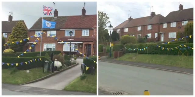 Blue and yellow flags in Etton.