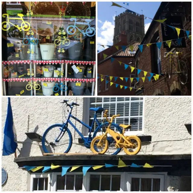 Collage of bunting and bikes in blue and yellow across the town.