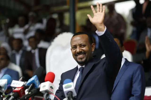 New Ethiopian Prime Minister Abiy Ahmed reacts during his rally in Ambo, about 120km west of Addis Ababa, Ethiopia, on April 11, 2018.