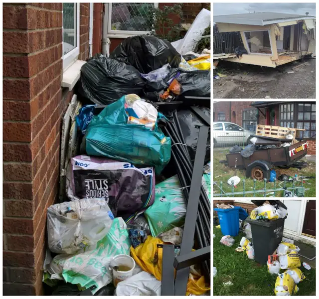 A collection of pictures showing dumped rubbish including a wrecked caravan.