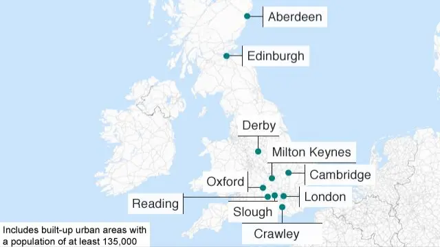 Map showing UK towns and cities with the highest wages