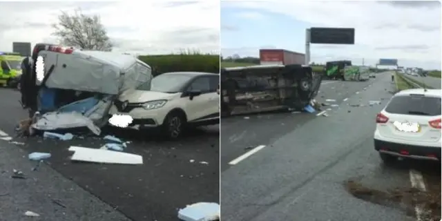 A van's overturned and a car's crashed into the central reservation on the A1M