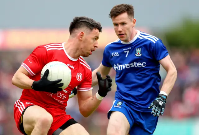 Tyrone's Mattie Donnelly battles with Monaghan's Karl O'Connell