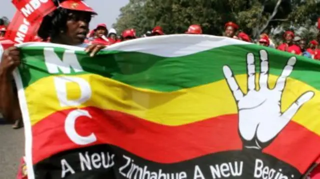 MDC supporters carrying an MDC banner, showing the party logo