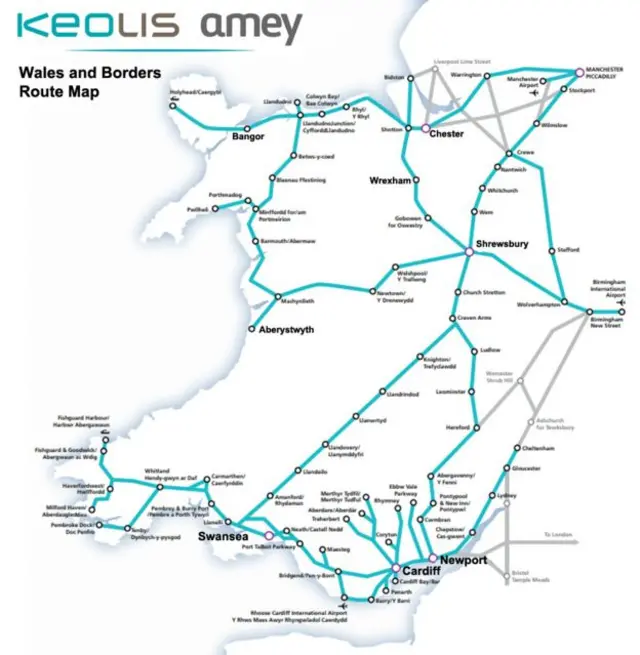 Arriva Trains Wales' current rail network map, which KeolisAmey will take over, not including the proposed South Wales Metro