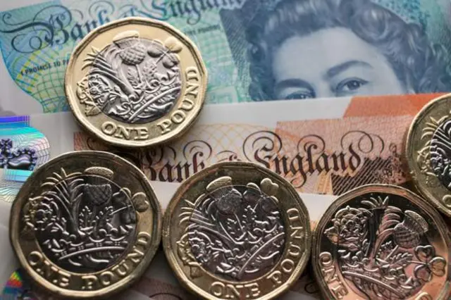 Pound coins on sterling notes