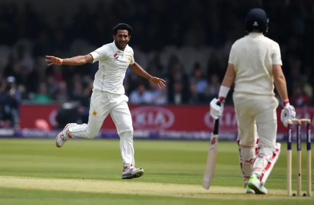 Hasan Ali celebrates dismissing Joe Root