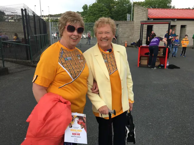 Antrim fans Maria McLarnen and Marie McKinley have brought a strong wardrobe game to Newry