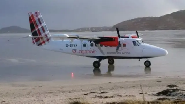 A Loganair aircraft on Barra's beach runway