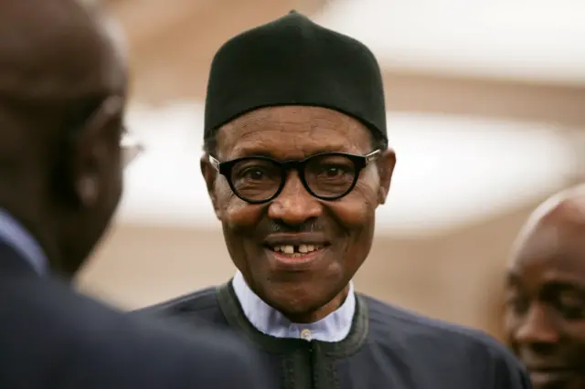 Nigeria"s President Muhammadu Buhari attends a reception at the closing session of the Commonwealth Business Forum at the Guildhall in London