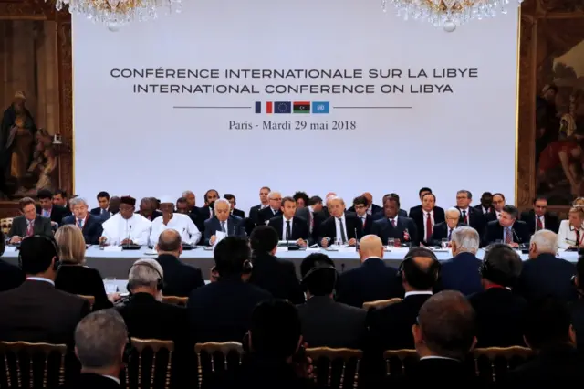 A view shows an international conference on Libya with Libyan leaders, heads of the states sharing borders with the country, European represent and French President Emmanuel Macron at the Elysee Palace in Paris, France, May 29, 2018