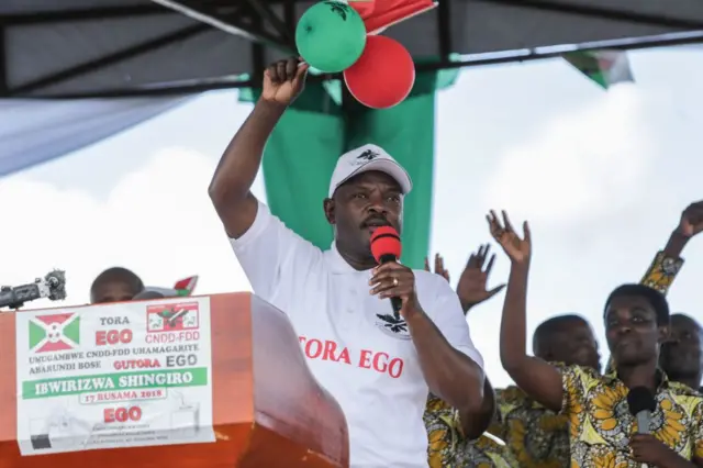 Burundi's President Pierre Nkurunziza speaks during the launching ceremony of the official campaign for a referendum which is set on May 17 on constitutional change that could enable the President to stay in power for another 16 years in Gitega, on May 2, 2018