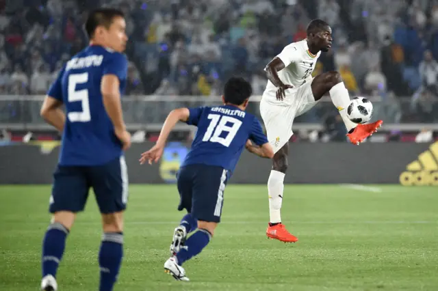 Ghana"s midfielder Isaac Sackey controls the ball during the international friendly football match between Japan and Ghana at Nissan Stadium in Yokohama