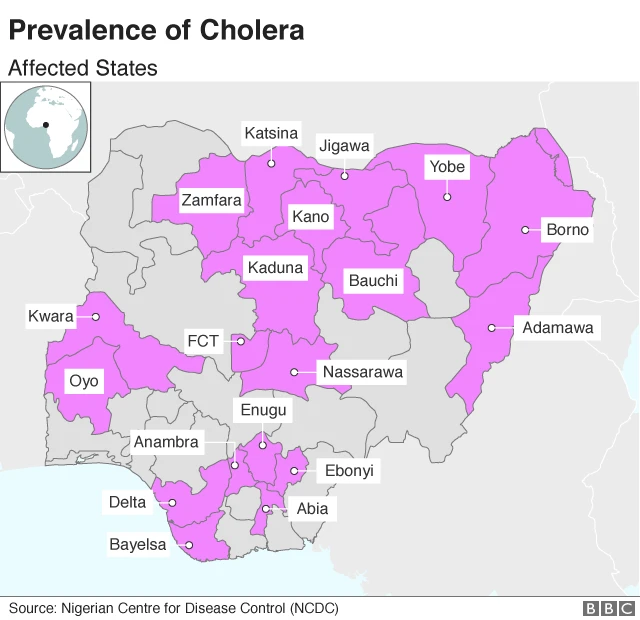 A map showing the states affected by cholera in Nigeria